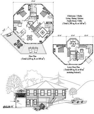 Enclosed Pedestal Hawaii Home Floor Plan (1775 Sq. Ft. with 3 Bedrooms and 2.5 Bathrooms, including Living Room, Dining Room, Kitchen, Family Room, Utility). Ideal for home building on sloping mountain terrain and coastal areas of the Hawaii Islands.