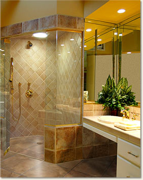 Features like this wheelchair-accessible shower and vanity help ensure independent living.