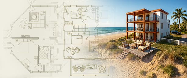 Luxury Prefab Caribbean Villa – Custom Hurricane-Proof Home A luxury three-story custom prefab Caribbean beach house with modern wood accents, spacious balconies, oceanfront views, and hurricane-proof design, surrounded by palm trees and golden sand at sunset.