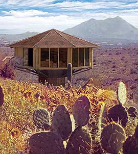Pedestal home foundations blend perfectly into the natural desert landscape.