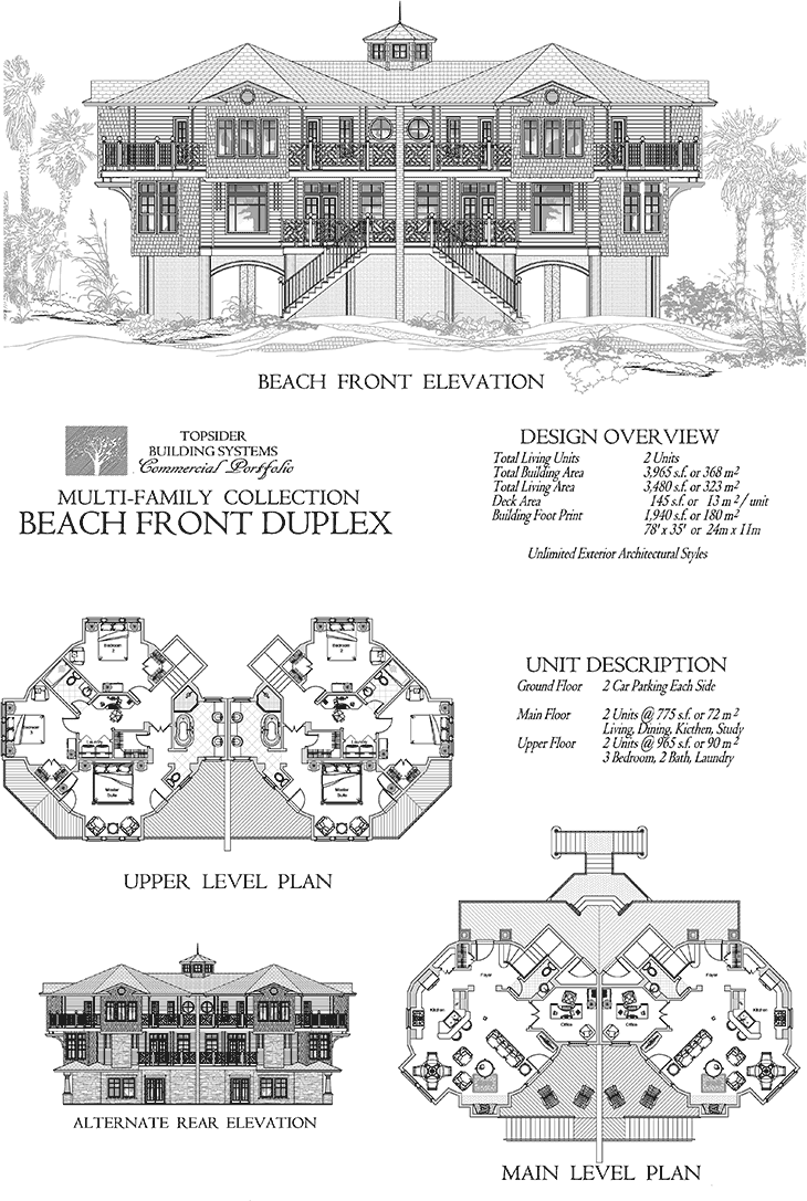 Commercial Prefab Online House Plan Collection COMM-Multi-Family-Residence-Beach-House-Duplex-House-Plan (3965 sq. ft.) 3 Bedrooms, 2 1/2 Baths