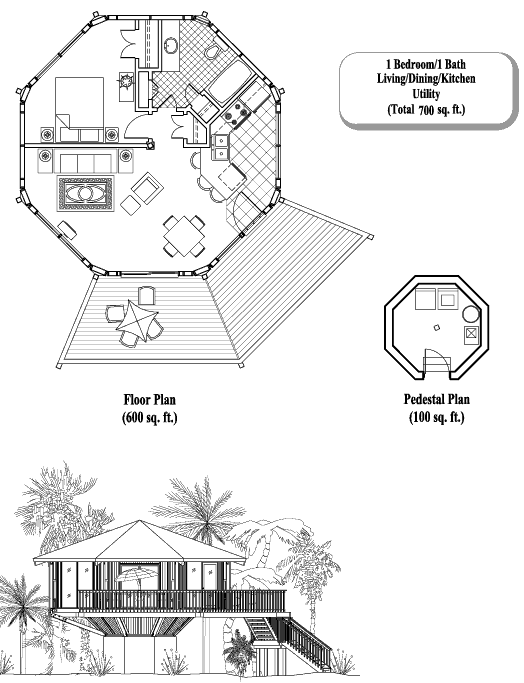 Pedestal House Plan: 1 Bedrooms, 1 Baths, 700 Sq Ft [pd-0201]