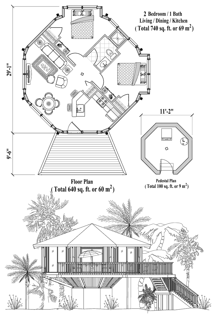 Pedestal House Plan: 2 Bedrooms, 1 Baths, 640 sq ft [PD-0222]