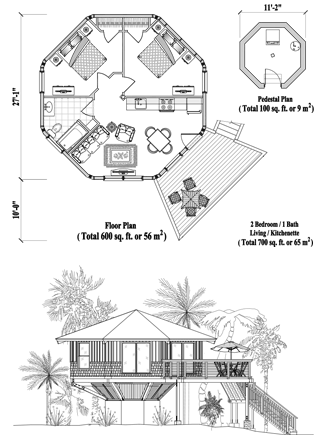 Pedestal House Plan PD-0224 (700 Sq. Ft.) 2 Bedrooms 1 Bathrooms
