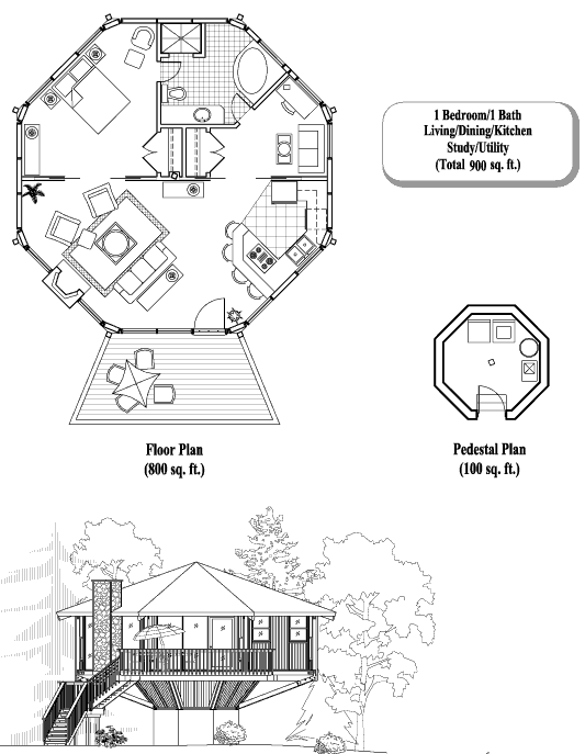 Pedestal House Plan: 1 Bedrooms, 1 Baths, 900 sq ft [PD-0302]