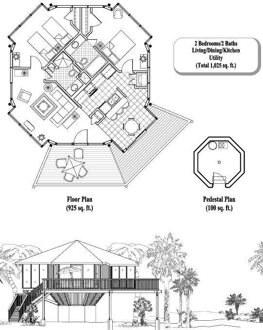 Pedestal House Plan: 2 Bedrooms, 2 Baths, 1025 Sq Ft [pd-0307]