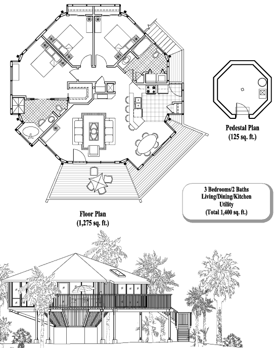 Pedestal House Plan: 3 Bedrooms, 2 Baths, 1400 sq ft [PD-0409]