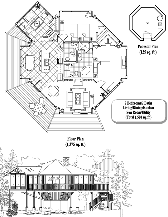 Pedestal House Plan: 2 Bedrooms, 2 Baths, 1500 sq ft [PD-0410]