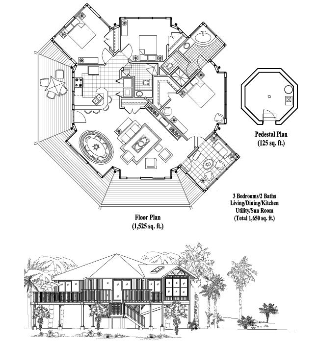 Pedestal House Plan: 3 Bedrooms, 2 Baths, 1650 sq ft [PD-0411]