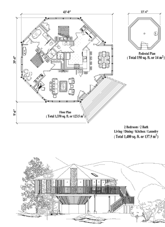 Pedestal House Plan PD-0525 (1480 Sq. Ft.) 2 Bedrooms 2 Bathrooms