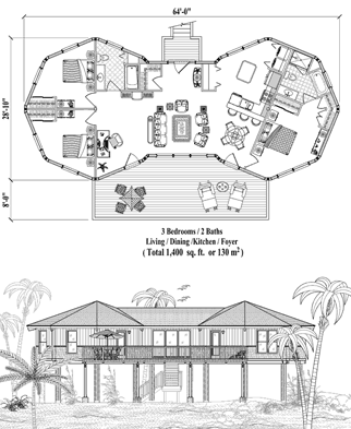 Piling House Plan PG-0201 (1400 Sq. Ft.) 3 Bedrooms 2 Bathrooms