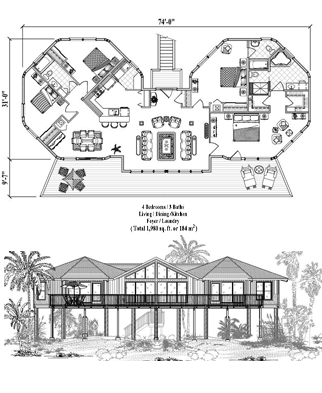 Piling House Plan PG-0308 (1980 Sq. Ft.) 4 Bedrooms 3 Bathrooms