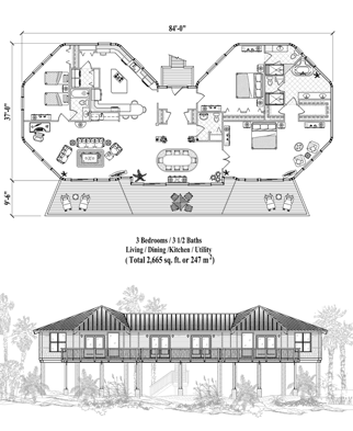 Piling House Plan PG-0406 (2665 Sq. Ft.) 3 Bedrooms 3.5 Bathrooms