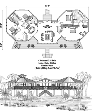Piling House Plan PG-0407 (3000 Sq. Ft.) 4 Bedrooms 2.5 Bathrooms