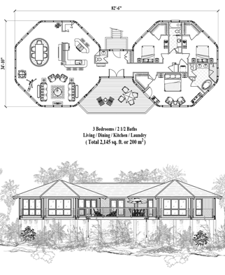 Piling House Plan PG-1101 (2145 Sq. Ft.) 3 Bedrooms 2.5 Bathrooms