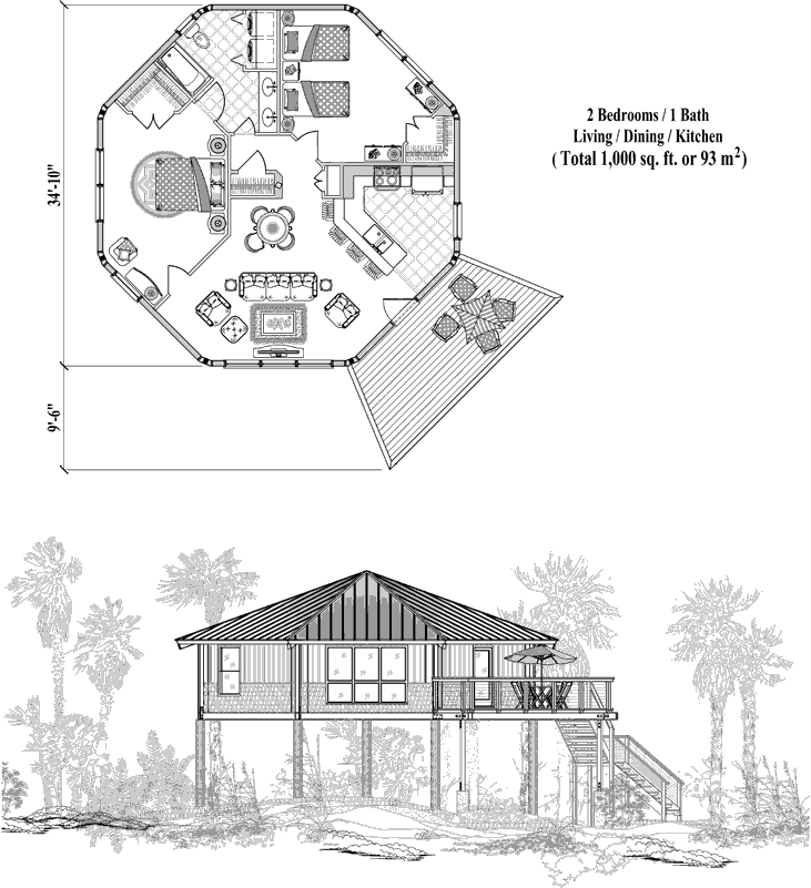 Piling Prefab Online House Plan Collection PG-1105 (1000 sq. ft.) 2 Bedrooms, 1 Baths