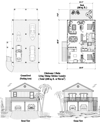 Piling House Plan PG-2103 (1040 Sq. Ft.) 2 Bedrooms 2 Bathrooms