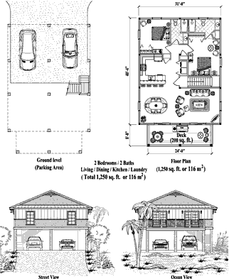 Piling House Plan PG-2104 (1250 Sq. Ft.) 2 Bedrooms 2 Bathrooms