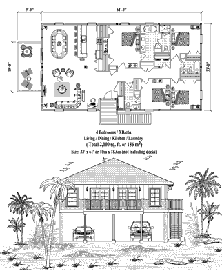 Piling House Plan PG-2105 (2000 Sq. Ft.) 4 Bedrooms 3 Bathrooms
