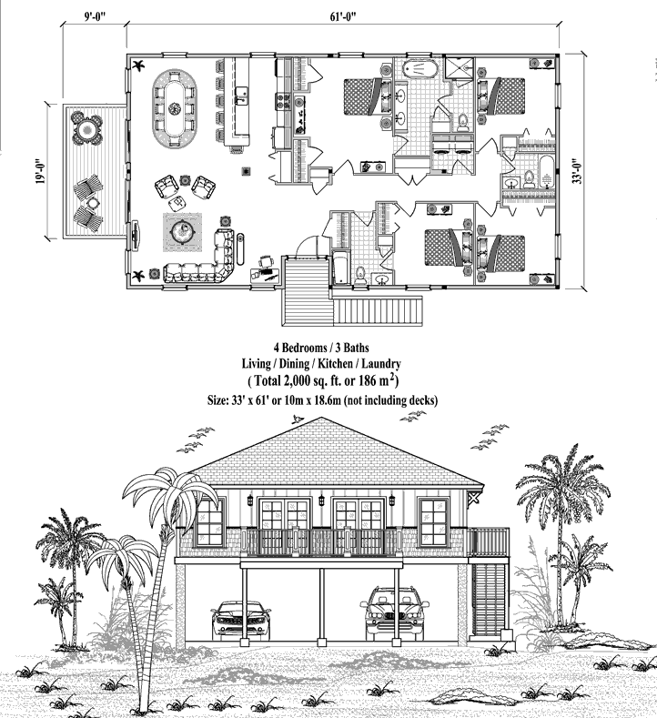Piling Prefab Online House Plan Collection PG-2105 (2000 sq. ft.) 4 Bedrooms, 3 Baths