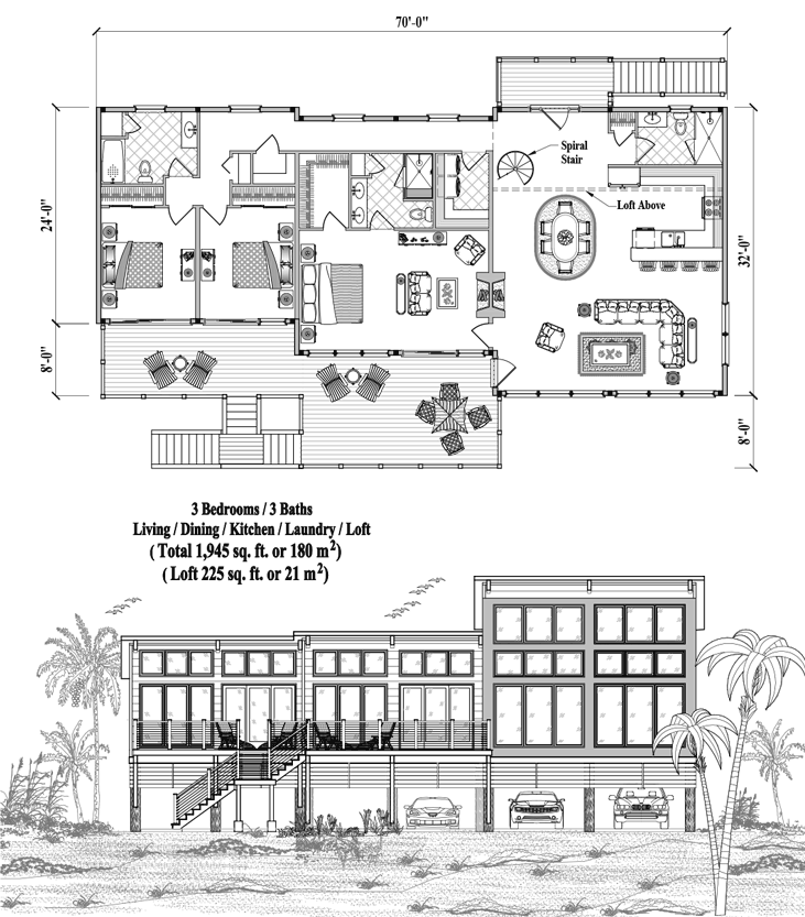 Piling Prefab Online House Plan Collection PG-2106 (1945 sq. ft.) 3 Bedrooms, 3 Baths