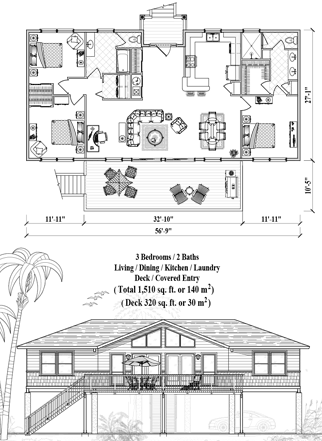 Piling House Plan PG-2111 (1510 Sq. Ft.) 3 Bedrooms 2 Bathrooms