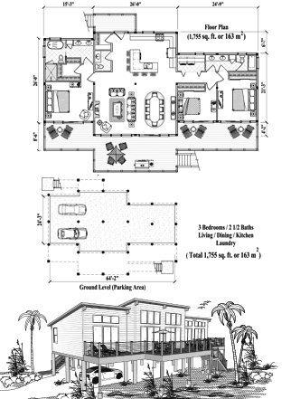 Piling House Plan PG-2112 (1755 Sq. Ft.) 3 Bedrooms 2.5 Bathrooms