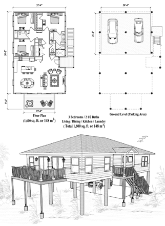 Piling House Plan PG-2115 (1600 Sq. Ft.) 3 Bedrooms 2.5 Bathrooms