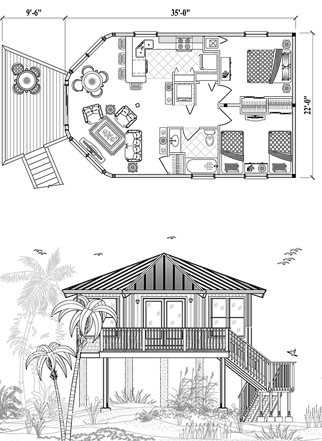 Piling House Plan PGE-0102 (730 Sq. Ft.) 2 Bedrooms 1 Bathrooms