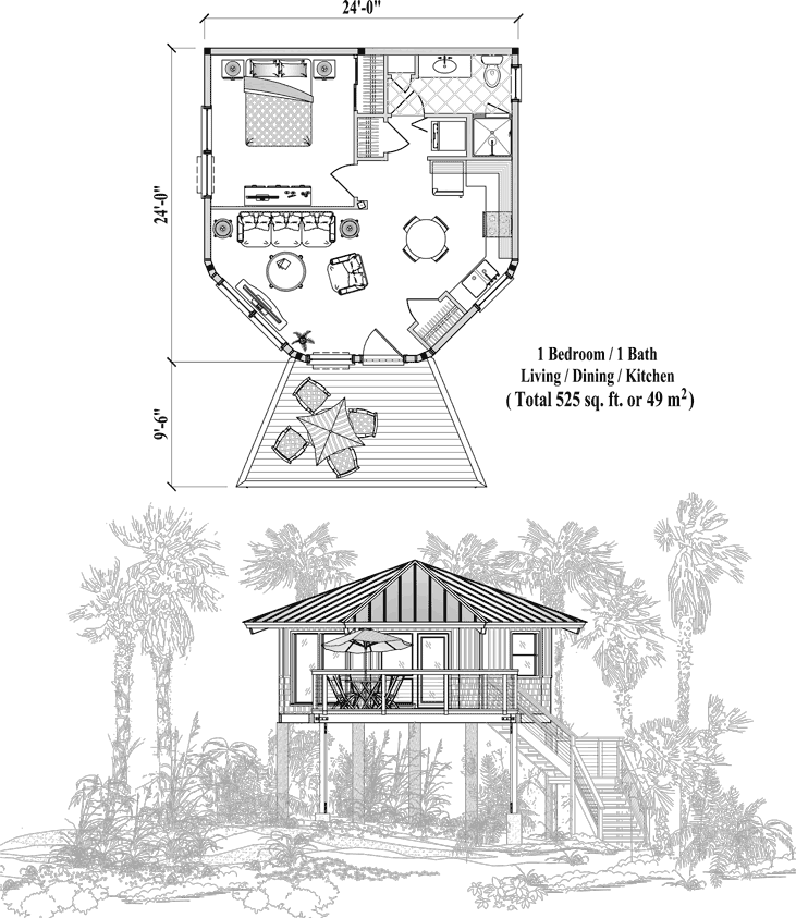 Stilt Piling House Plan 1 Bedrooms 1 Baths 525 Sq Ft PGE 0103 