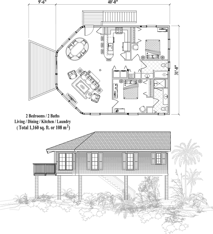 Stilt/Piling House Plan: 2 Bedrooms, 2 Baths, 1160 sq ft [PGE-0305]