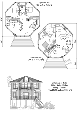 Two-Story Piling House Plan PGT-0303 (1600 Sq. Ft.) 3 Bedrooms 2 Bathrooms
