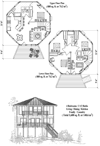 Two-Story Piling House Plan PGT-0304 (1600 Sq. Ft.) 4 Bedrooms 2.5 Bathrooms