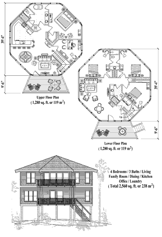Two-Story Piling House Plan PGT-0501 (2560 Sq. Ft.) 4 Bedrooms 3 Bathrooms