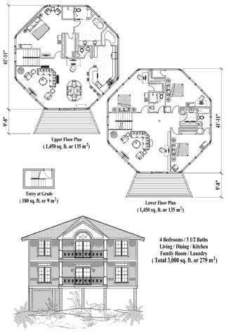 Two-Story Piling House Plan PGT-0606 (3000 Sq. Ft.) 4 Bedrooms 3.5 Bathrooms
