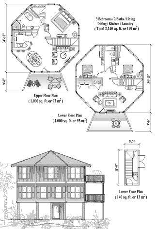 Two-Story Piling House Plan PGT-1107 (2140 Sq. Ft.) 3 Bedrooms 2 Bathrooms
