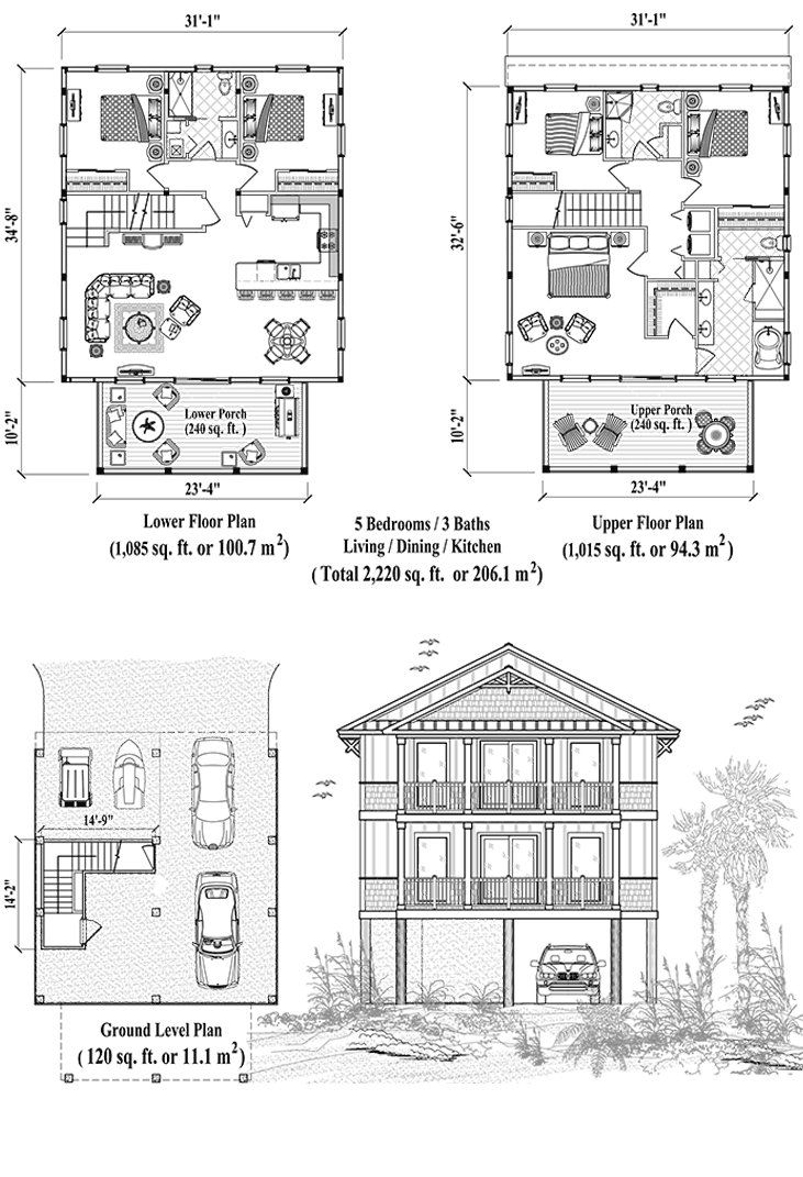 Two-Story Piling Prefab Online House Plan Collection PGT-2101 (2220 sq. ft.) 5 Bedrooms, 3 Baths