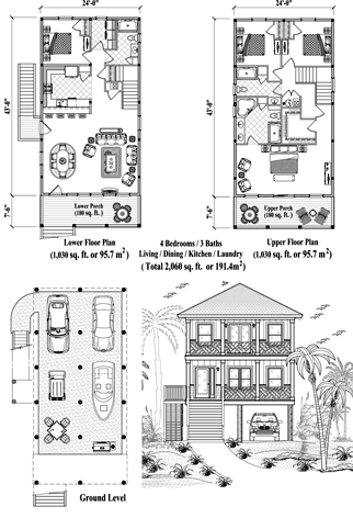 Two-Story Piling House Plan PGT-2103 (2060 Sq. Ft.) 4 Bedrooms 3 Bathrooms