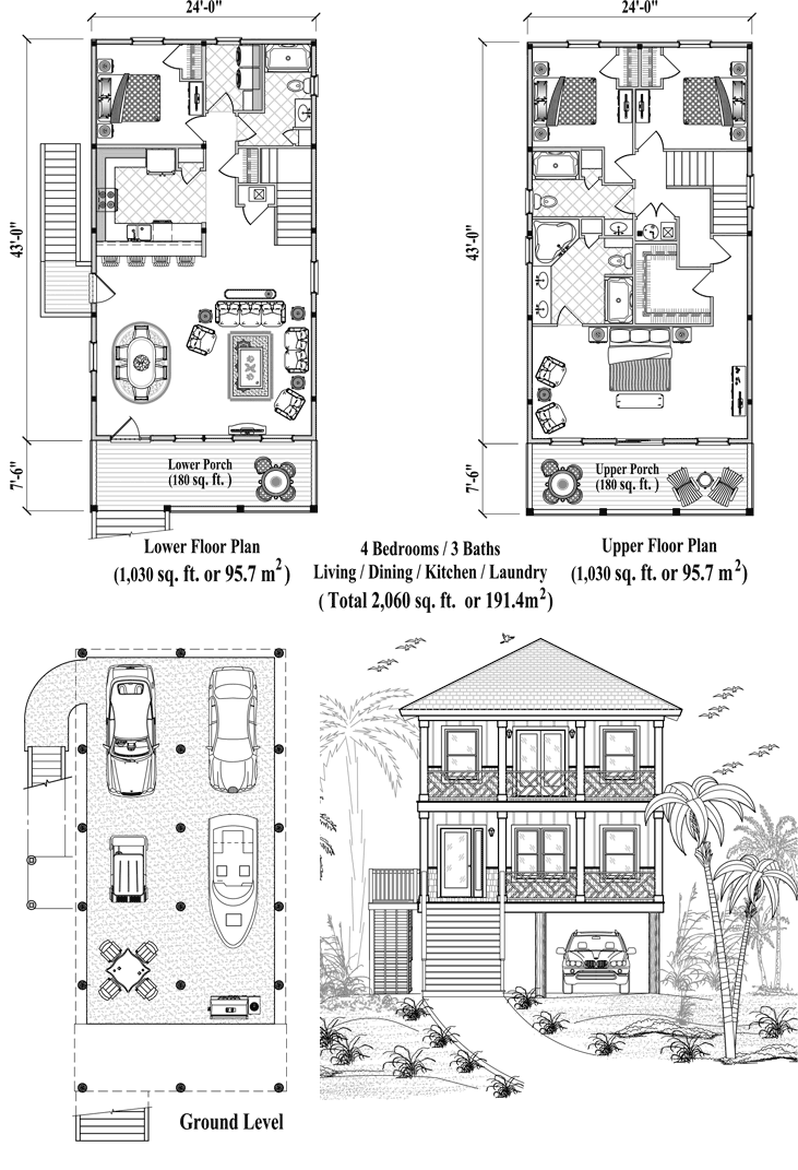 Two-Story Piling Prefab Online House Plan Collection PGT-2103 (2060 sq. ft.) 4 Bedrooms, 3 Baths