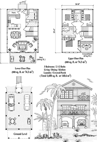 Two-Story Piling House Plan PGT-2105 (1600 Sq. Ft.) 3 Bedrooms 2.5 Bathrooms