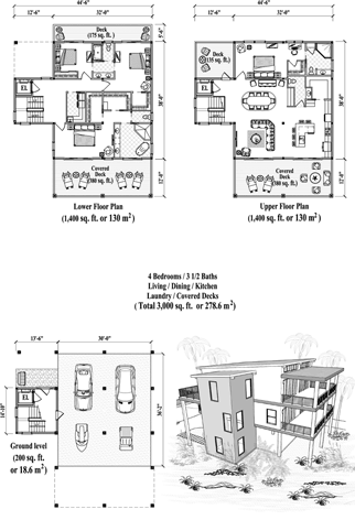 Two-Story Piling House Plan PGT-2107 (3000 Sq. Ft.) 4 Bedrooms 3.5 Bathrooms