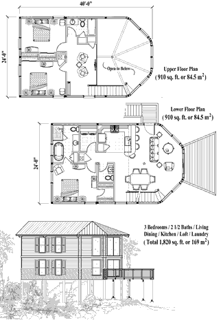 Two-Story Piling House Plan PGTE-0101 (1820 Sq. Ft.) 3 Bedrooms 2.5 Bathrooms