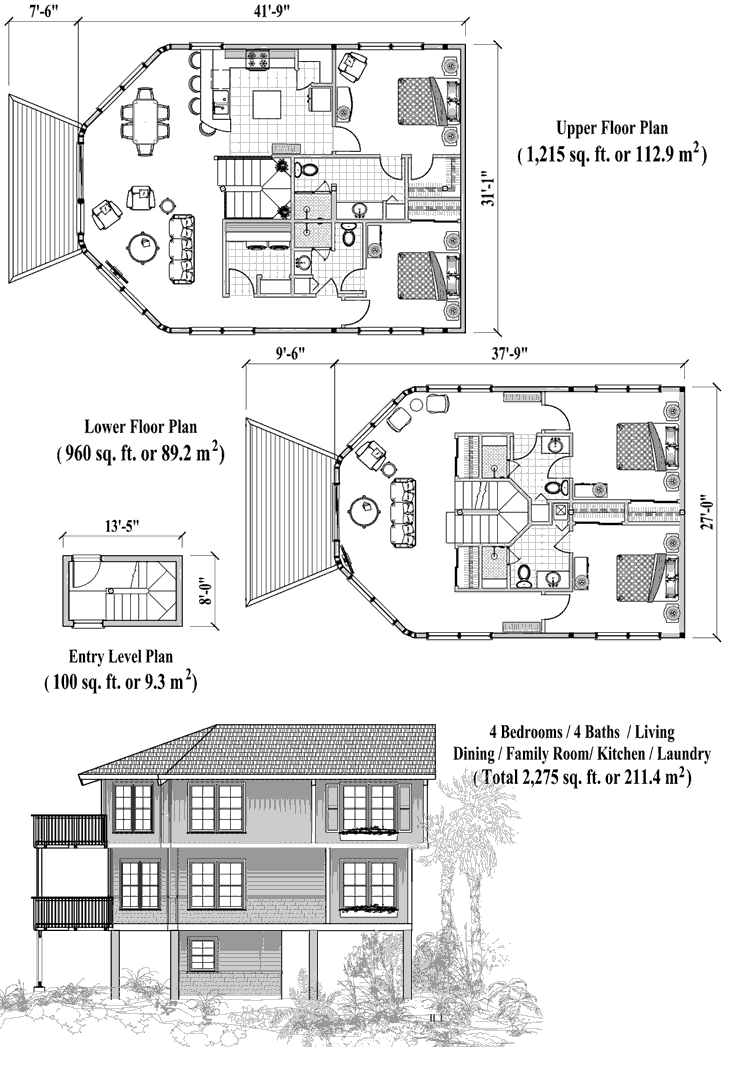 Two-Story Piling Collection PGTE-0302 (2275 sq. ft.) 4 Bedrooms, 4 Baths