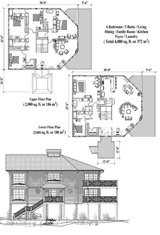 Two-Story Piling House Plan PGTE-1201 (4000 Sq. Ft.) 6 Bedrooms 5 Bathrooms