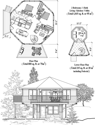 Enclosed Pedestal House Plan PL-0301 (1015 Sq. Ft.) 2 Bedrooms 1 Bathrooms