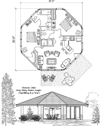 Patio House Plan PT-0323 (800 Sq. Ft.) 2 Bedrooms 2 Bathrooms
