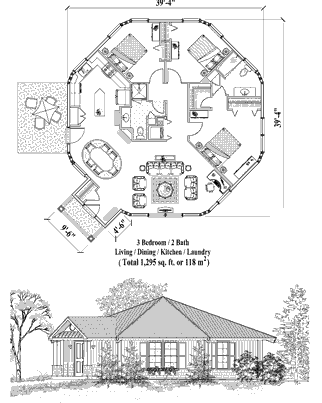 Patio House Plan PT-0523 (1295 Sq. Ft.) 3 Bedrooms 2 Bathrooms