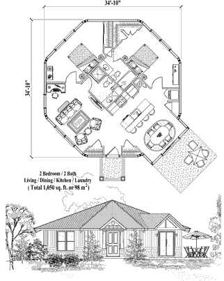 Patio House Plan PT-1123 (1050 Sq. Ft.) 2 Bedrooms 2 Bathrooms