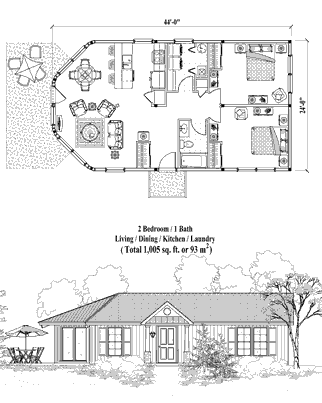 Patio House Plan PTE-0122 (1005 Sq. Ft.) 2 Bedrooms 1 Bathrooms
