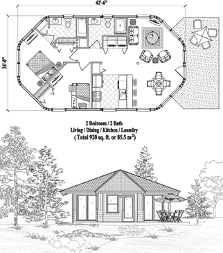 Patio House Plan PTE-0123 (920 Sq. Ft.) 2 Bedrooms 2 Bathrooms